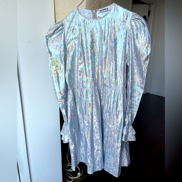 Batsheva Collarless Mini Prairie Dress - Holographic Silver Lamé - Picture 1 of 3